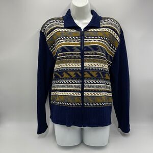 Navy blue patterned zip up mayfra sweaters sweater
